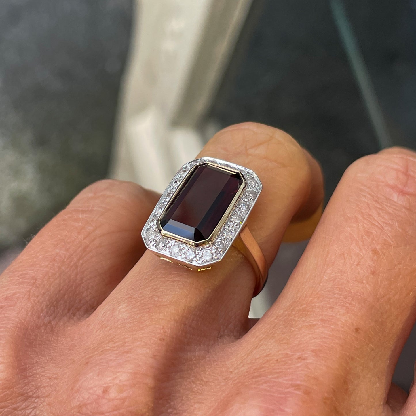 9ct Gold Elongated Garnet & Diamond Ring - John Ross Jewellers