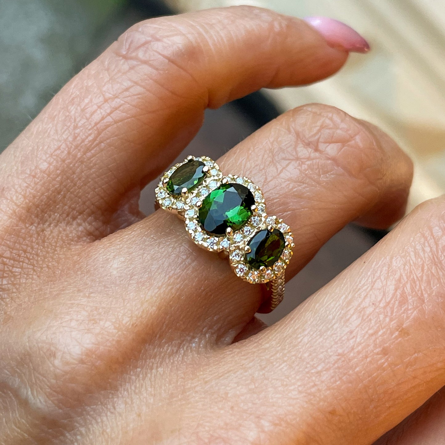 18ct Gold Green Tourmaline & Diamond Garland Ring - John Ross Jewellers