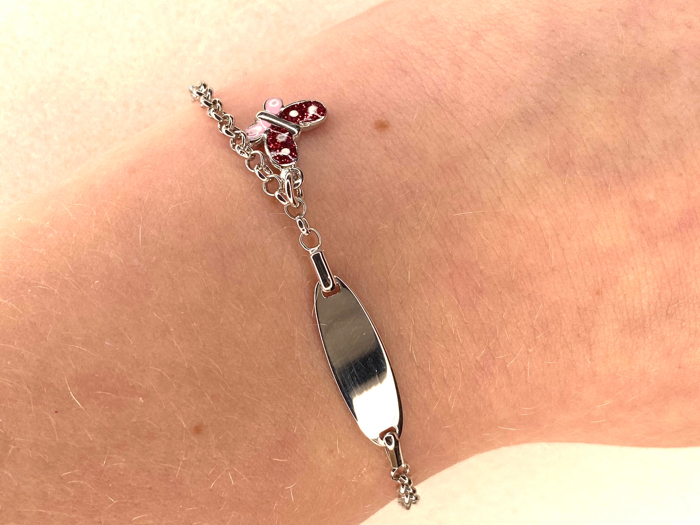 Silver Child's Identity Bracelet - Red & Pink Butterfly Charm - John Ross Jewellers