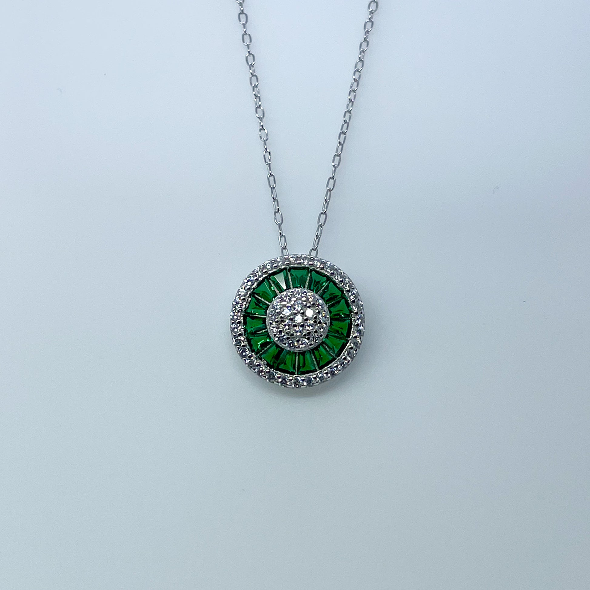 Silver Created Emerald & CZ Halo Necklace - John Ross Jewellers