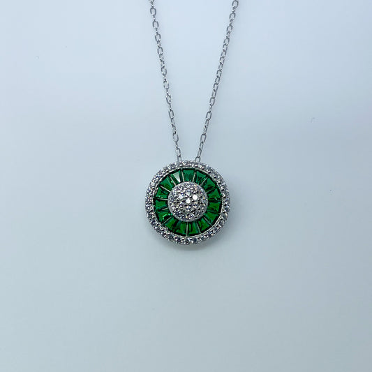 Silver Created Emerald & CZ Halo Necklace - John Ross Jewellers