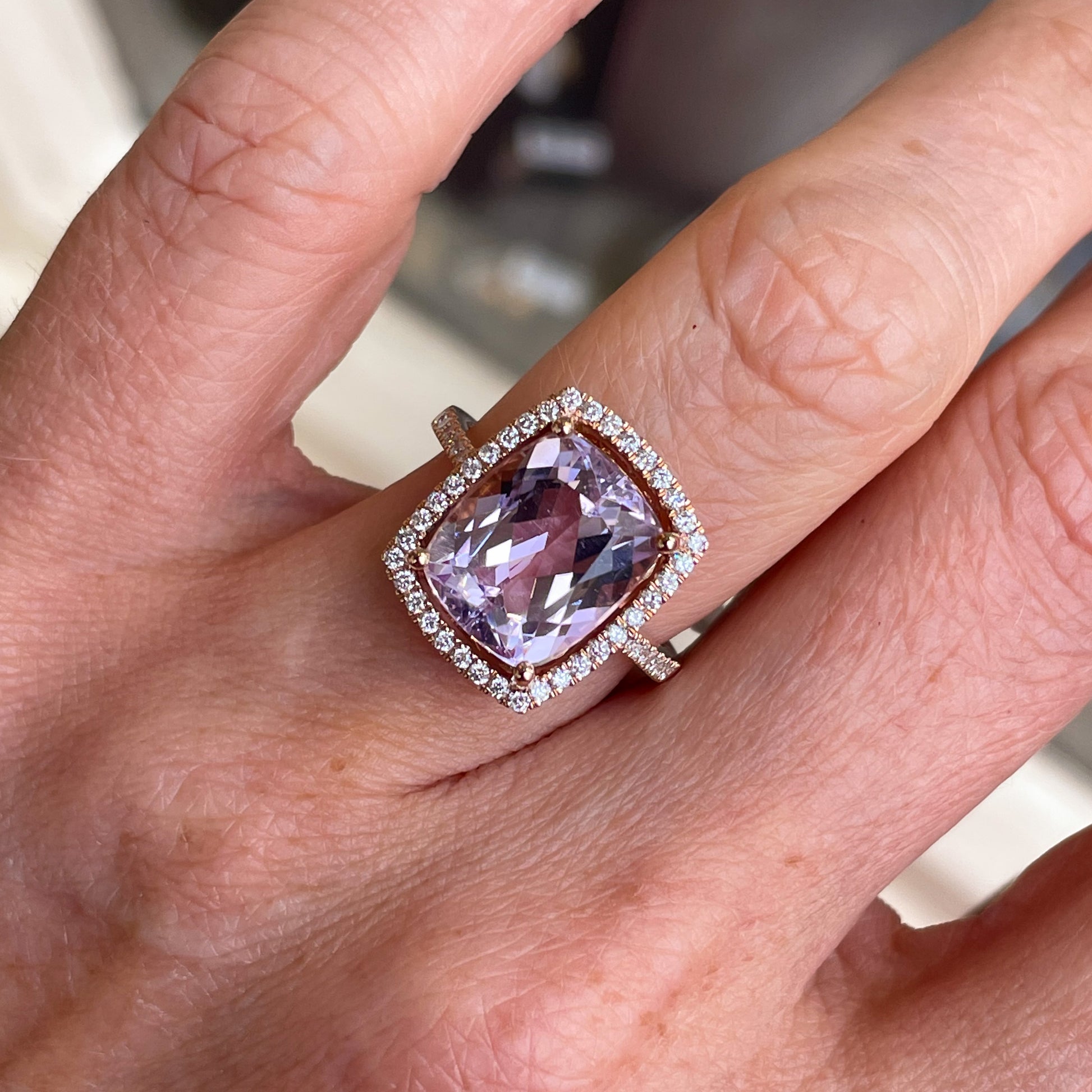 18ct Rose Gold Kunzite & Diamond Ring 6.54ct - John Ross Jewellers