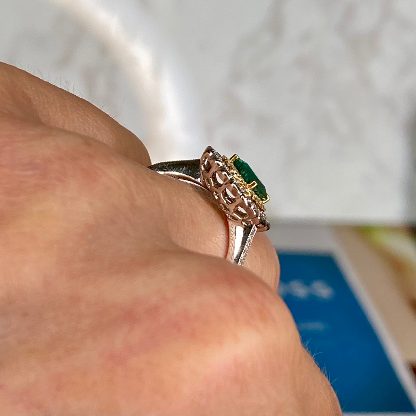 18ct White Gold Emerald & Diamond Double Halo Cluster Ring with Diamond Set Shoulders - John Ross Jewellers