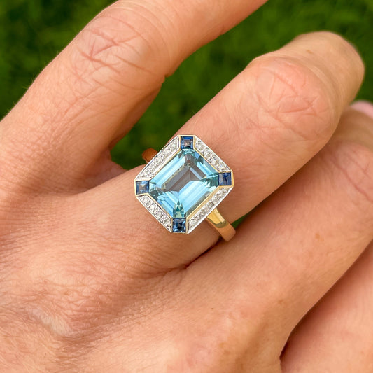 9ct Gold Blue Topaz, Sapphire & Diamond Ring - John Ross Jewellers