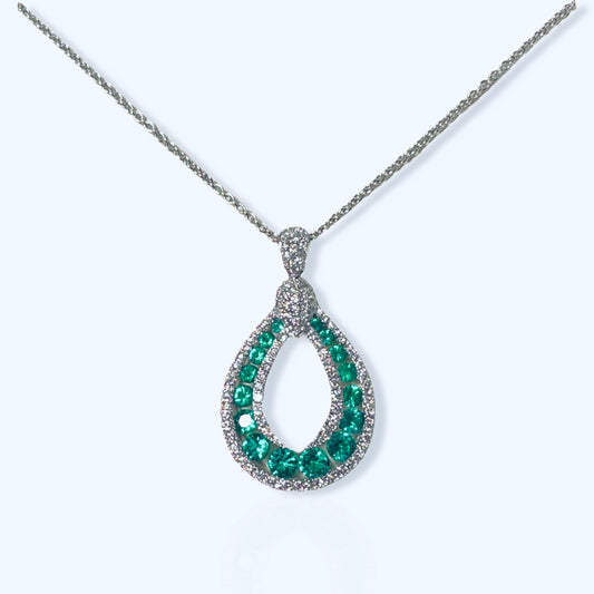 18ct White Gold Emerald & Diamond Open Pear Necklace - John Ross Jewellers