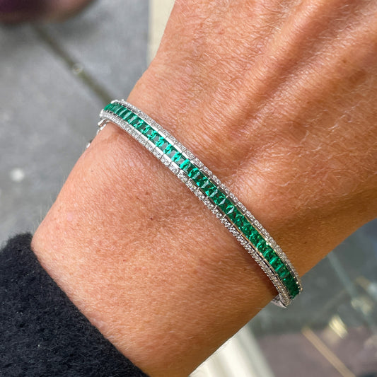 Silver Created Emerald & CZ Bangle - John Ross Jewellers