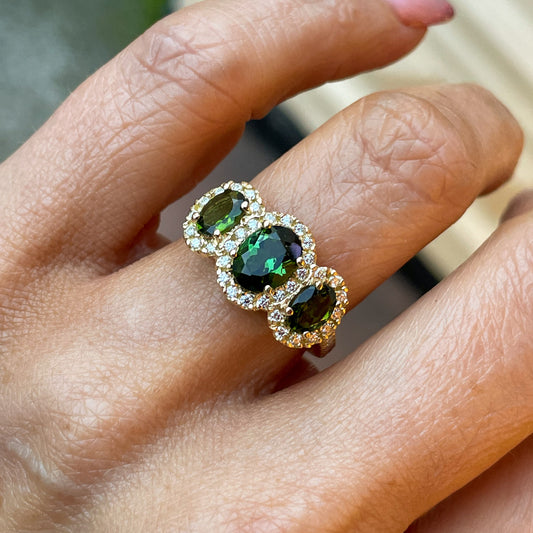 18ct Gold Green Tourmaline & Diamond Garland Ring - John Ross Jewellers