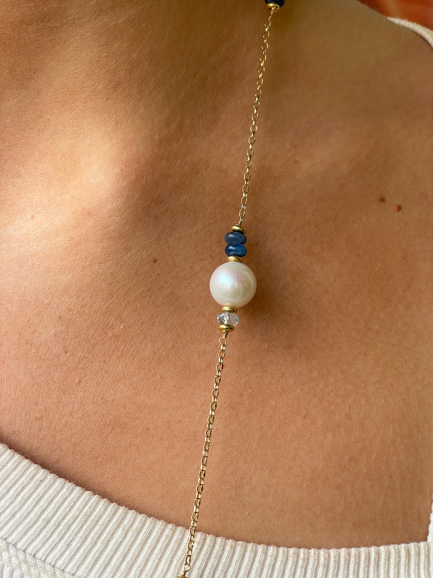 18ct Gold Pearl & Blue Gemstone Necklace - John Ross Jewellers