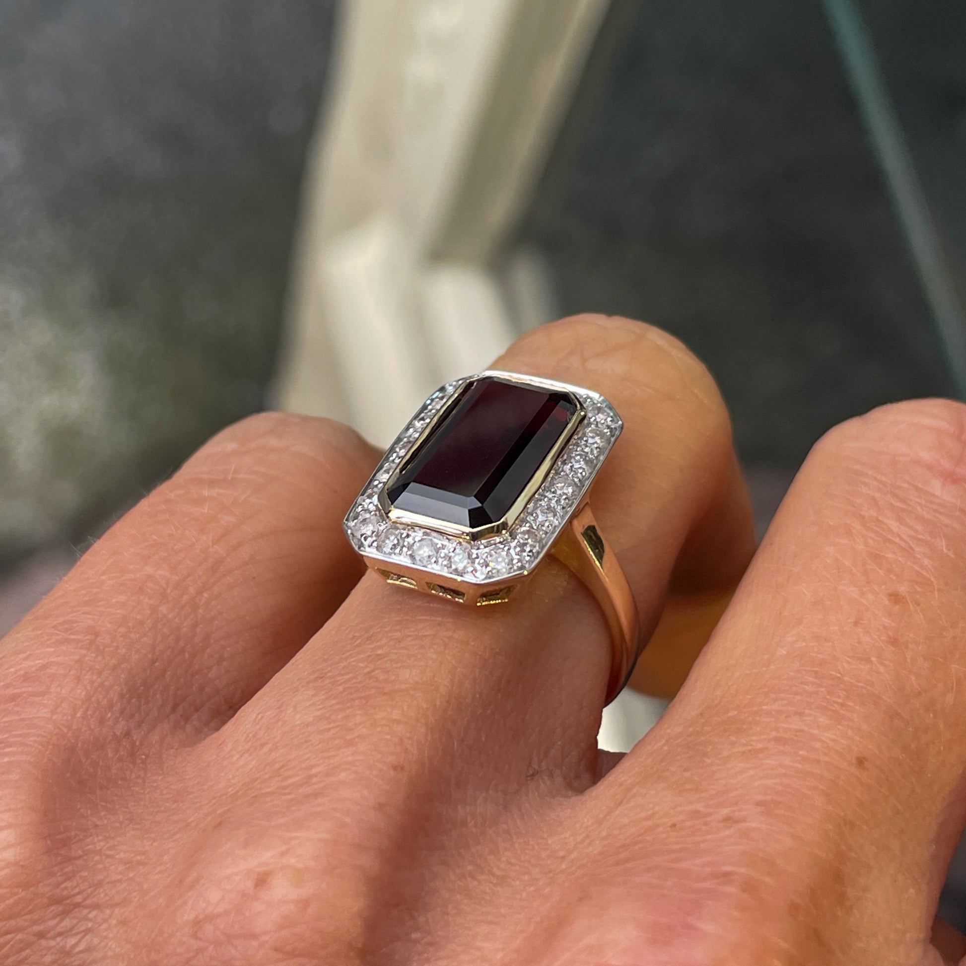 9ct Gold Elongated Garnet & Diamond Ring - John Ross Jewellers