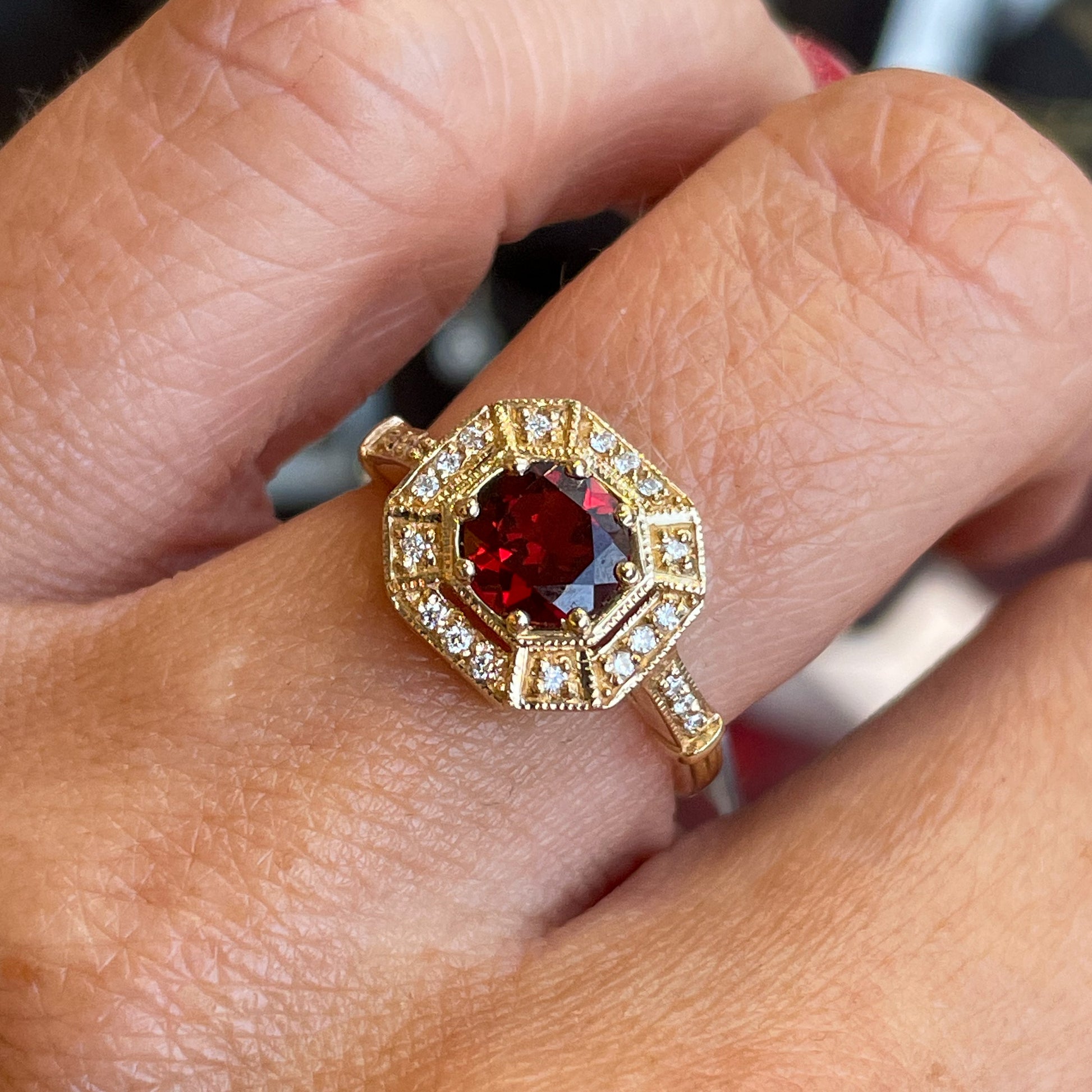 9ct Gold Garnet & Diamond Dress Ring - Cushion Shape 9ct Gold Garnet & Diamond Dress Ring - Cushion Shape
