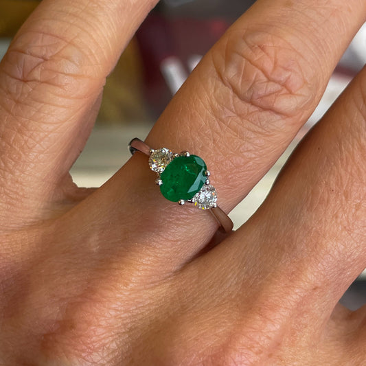 Platinum Emerald & Diamond Engagement Ring | 0.91ct + 0.39ct - John Ross Jewellers