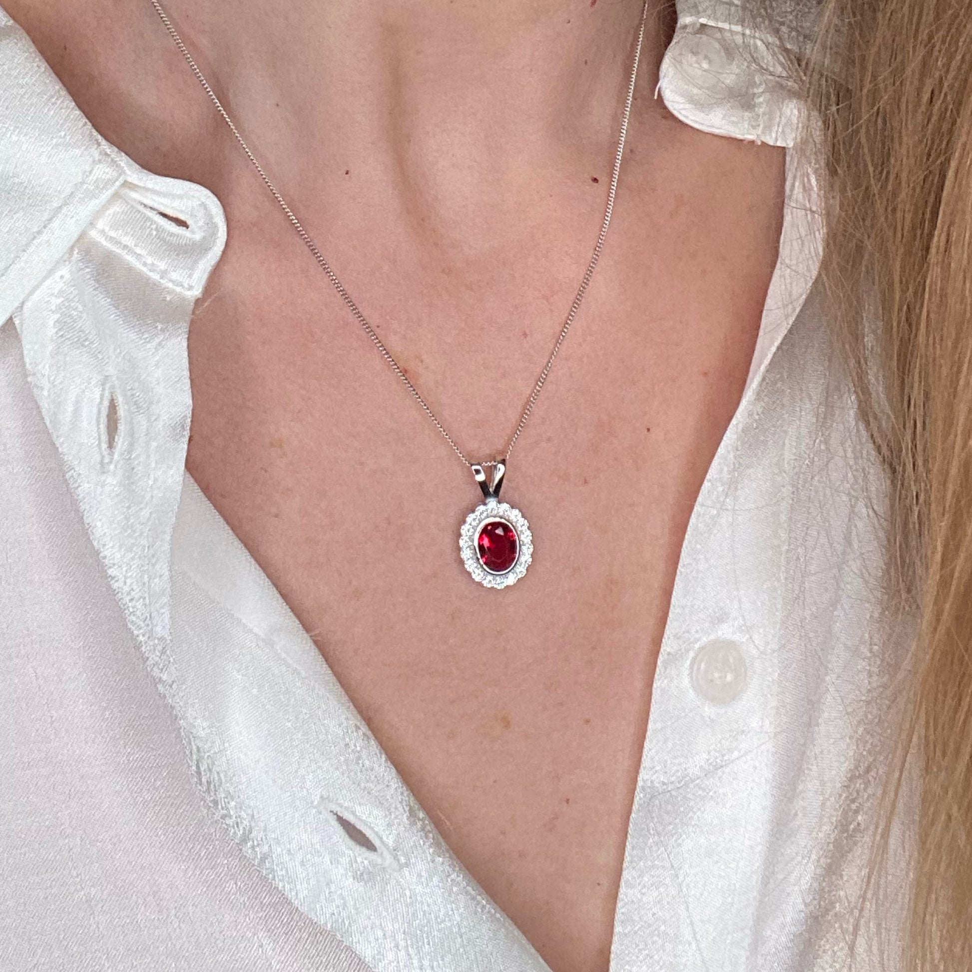 Silver Created Ruby CZ Vintage Oval Necklace - John Ross Jewellers
