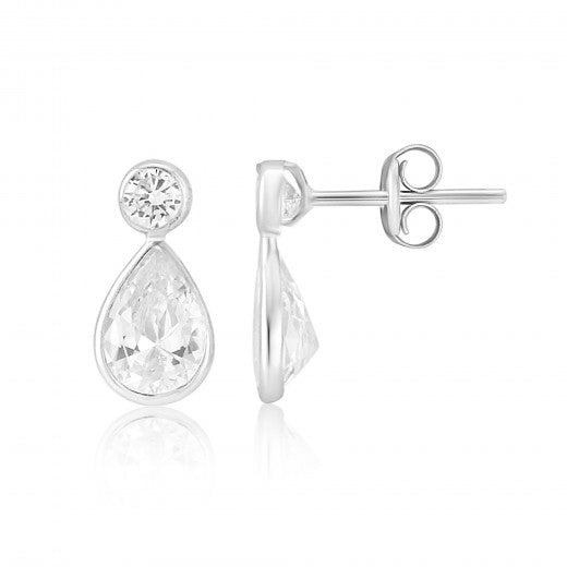 9ct White Gold Pear & Round CZ Rubover Stud Earrings - John Ross Jewellers