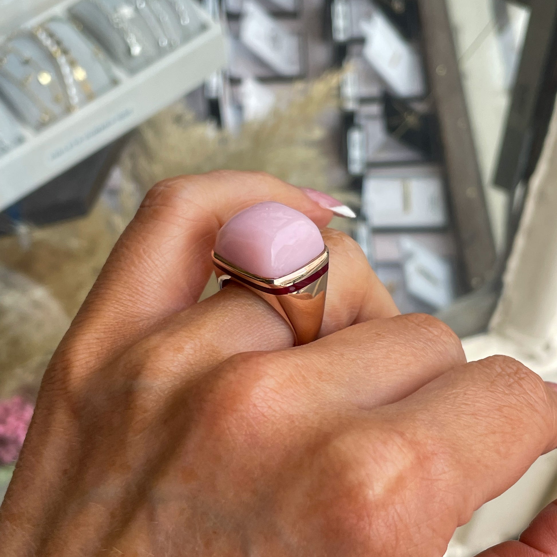 18ct Rose Gold Pink Opal & Enamel Ring | 19.43ct - John Ross Jewellers