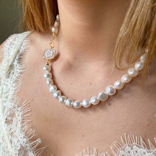 Floral Cameo & Freshwater Pearl Necklace 10mm-12mm | 47cm - John Ross Jewellers