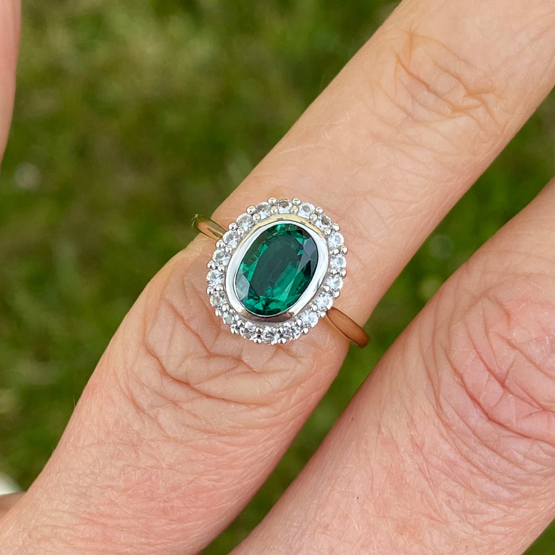 9ct Gold Created Emerald & CZ Oval Cluster Ring - John Ross Jewellers