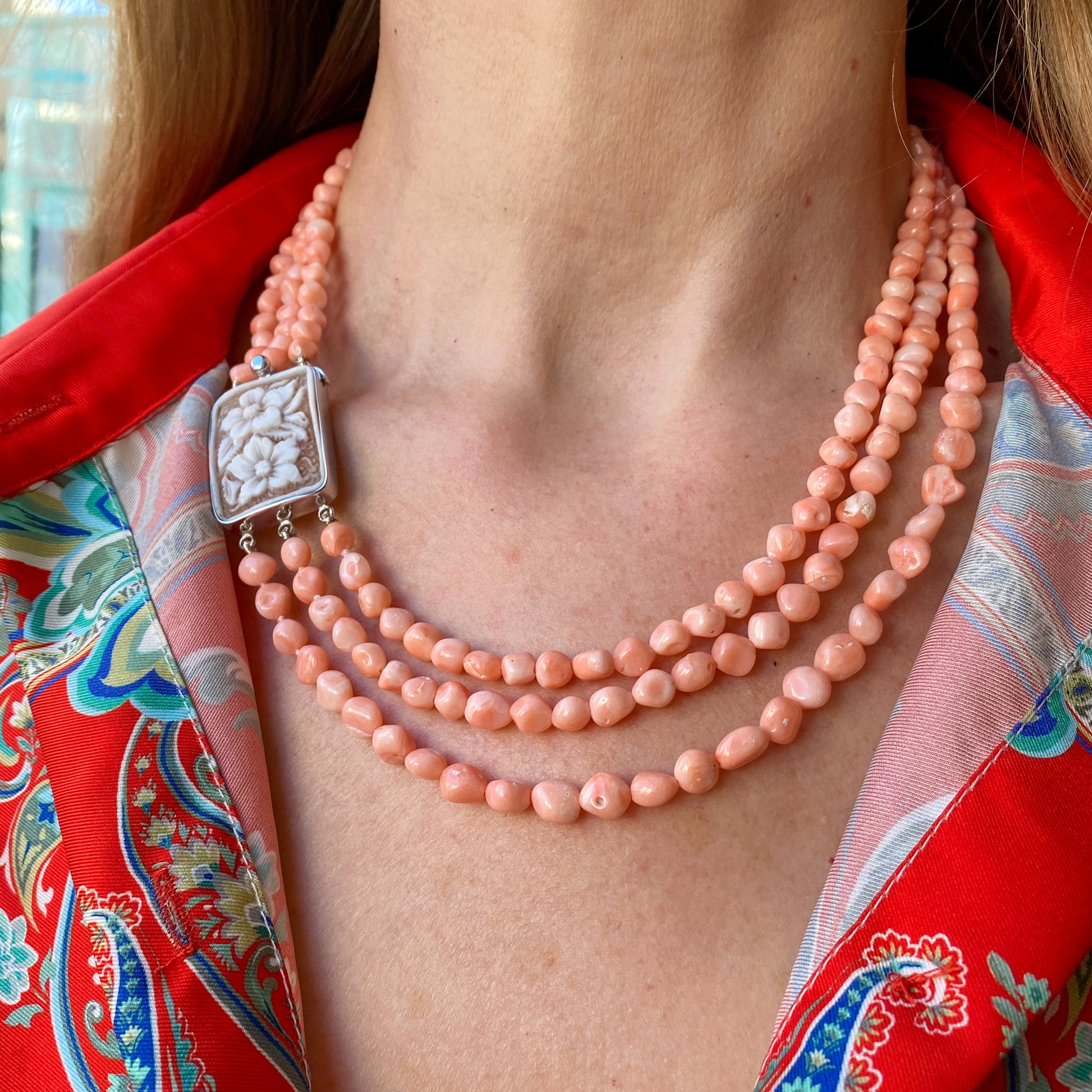 Floral Cameo & Rose Coral Three Row Necklace - John Ross Jewellers