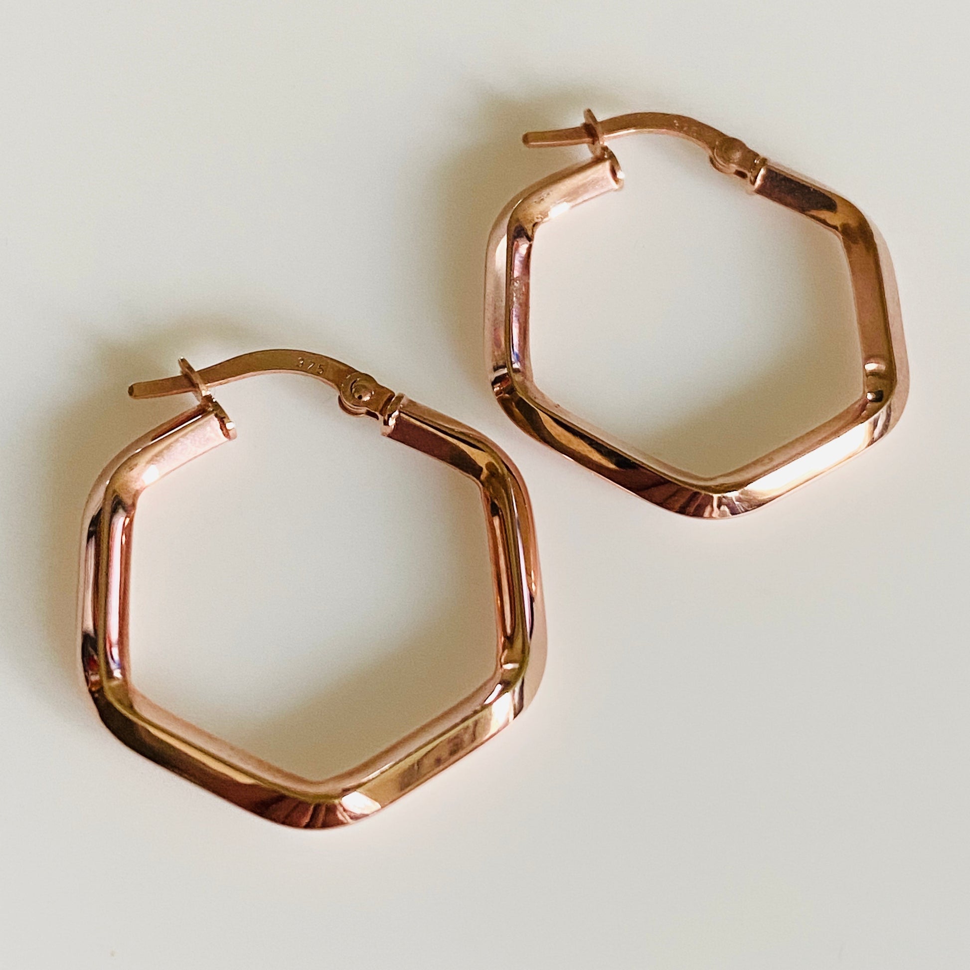 9ct Rose Gold Hexagonal Hoop Earrings - John Ross Jewellers