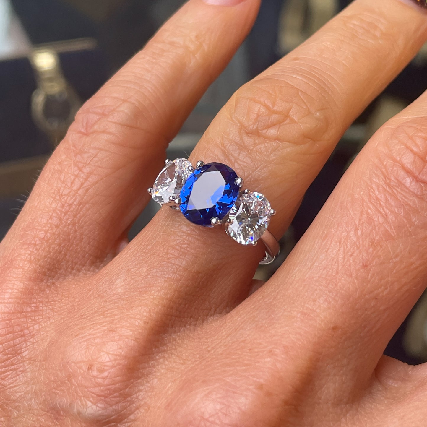 Silver Created Sapphire CZ Trilogy Ring - John Ross Jewellers