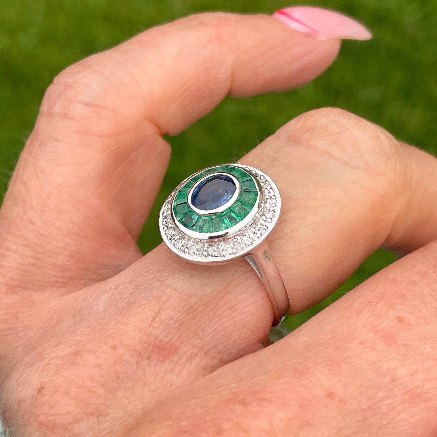 9ct White Gold Sapphire, Emerald & Diamond Ring - John Ross Jewellers