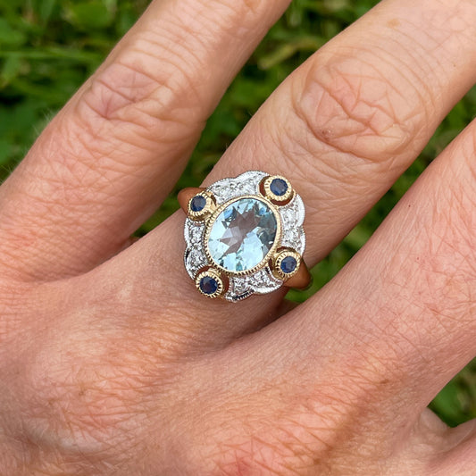 9ct Yellow Gold Aquamarine, Sapphire & Diamond Ring - John Ross Jewellers