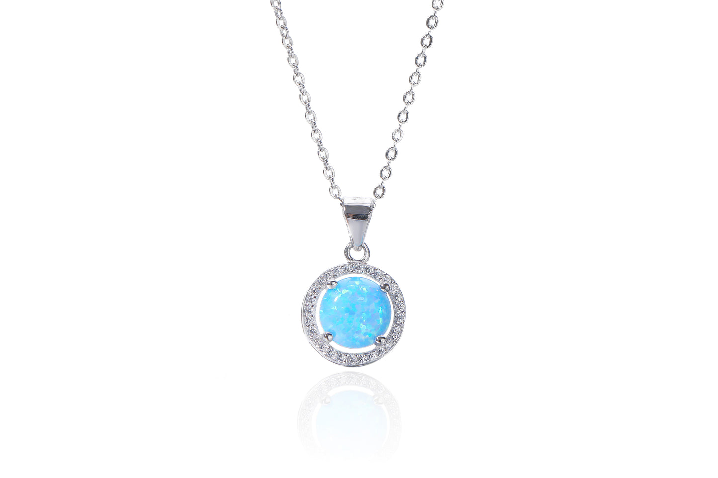 Silver Small Round Blue Opalique & CZ Halo Necklace - John Ross Jewellers
