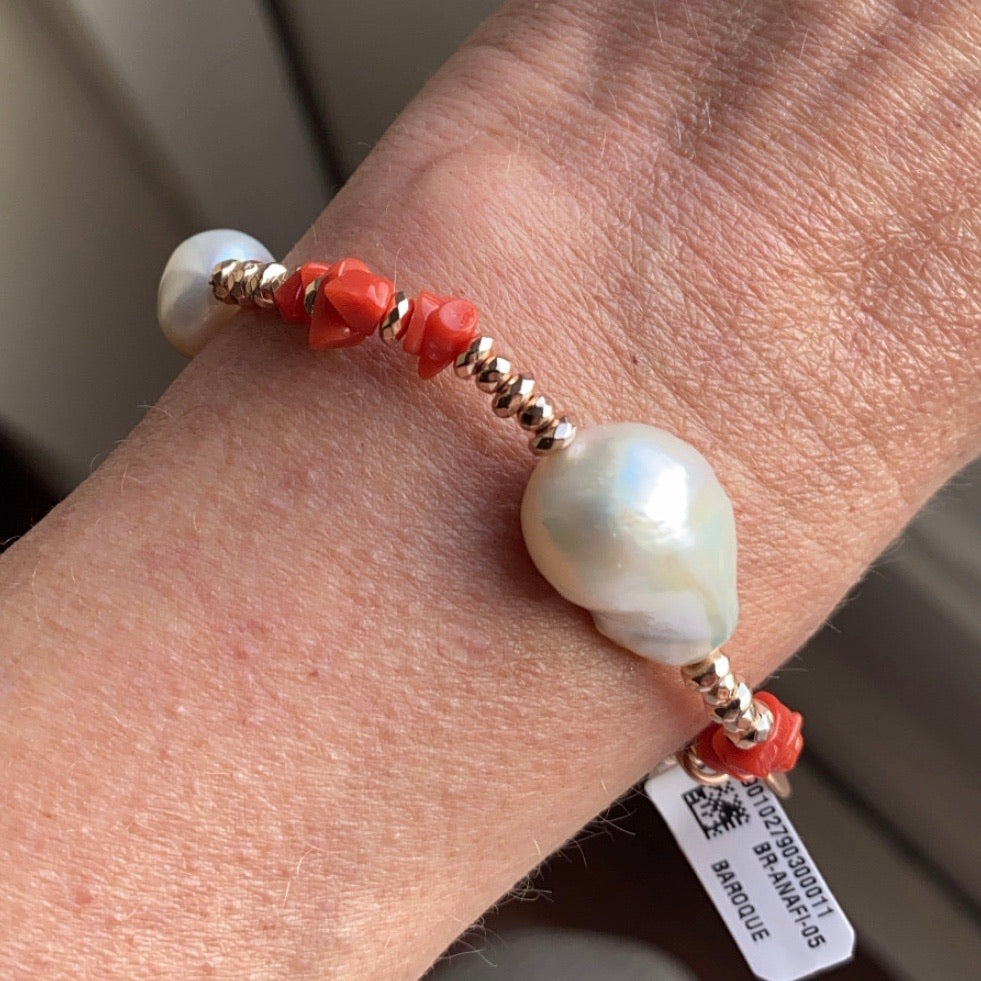 Baroque Pearl & Red Coral Stretch Bracelet - John Ross Jewellers