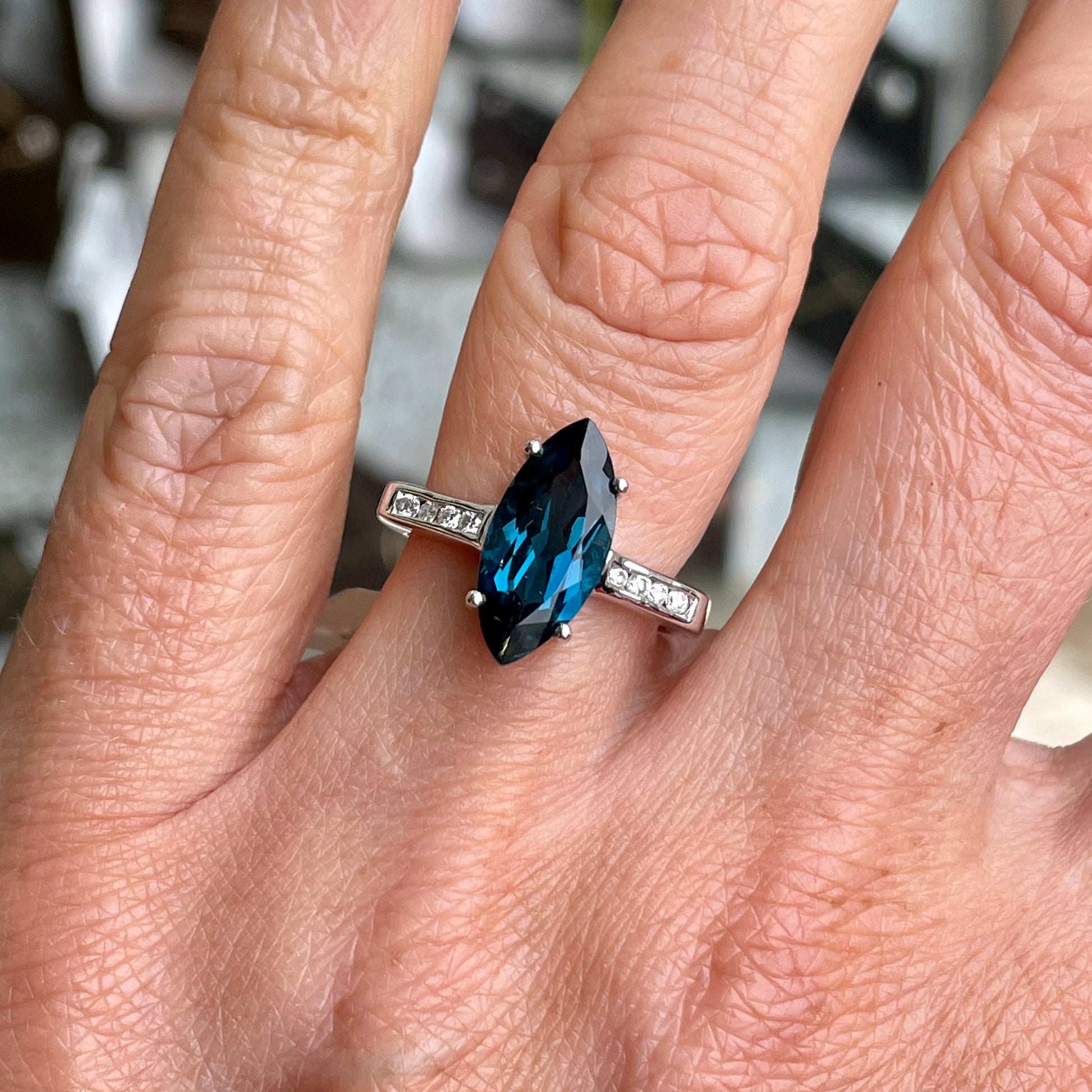 9ct White Gold Marquis Cut London Blue Topaz & Diamond Ring - John Ross Jewellers