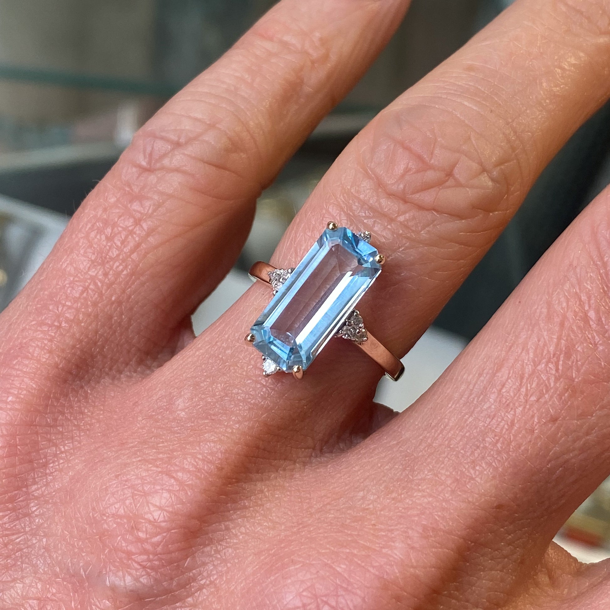 9ct Gold Elongated Blue Topaz & Diamond Ring - John Ross Jewellers