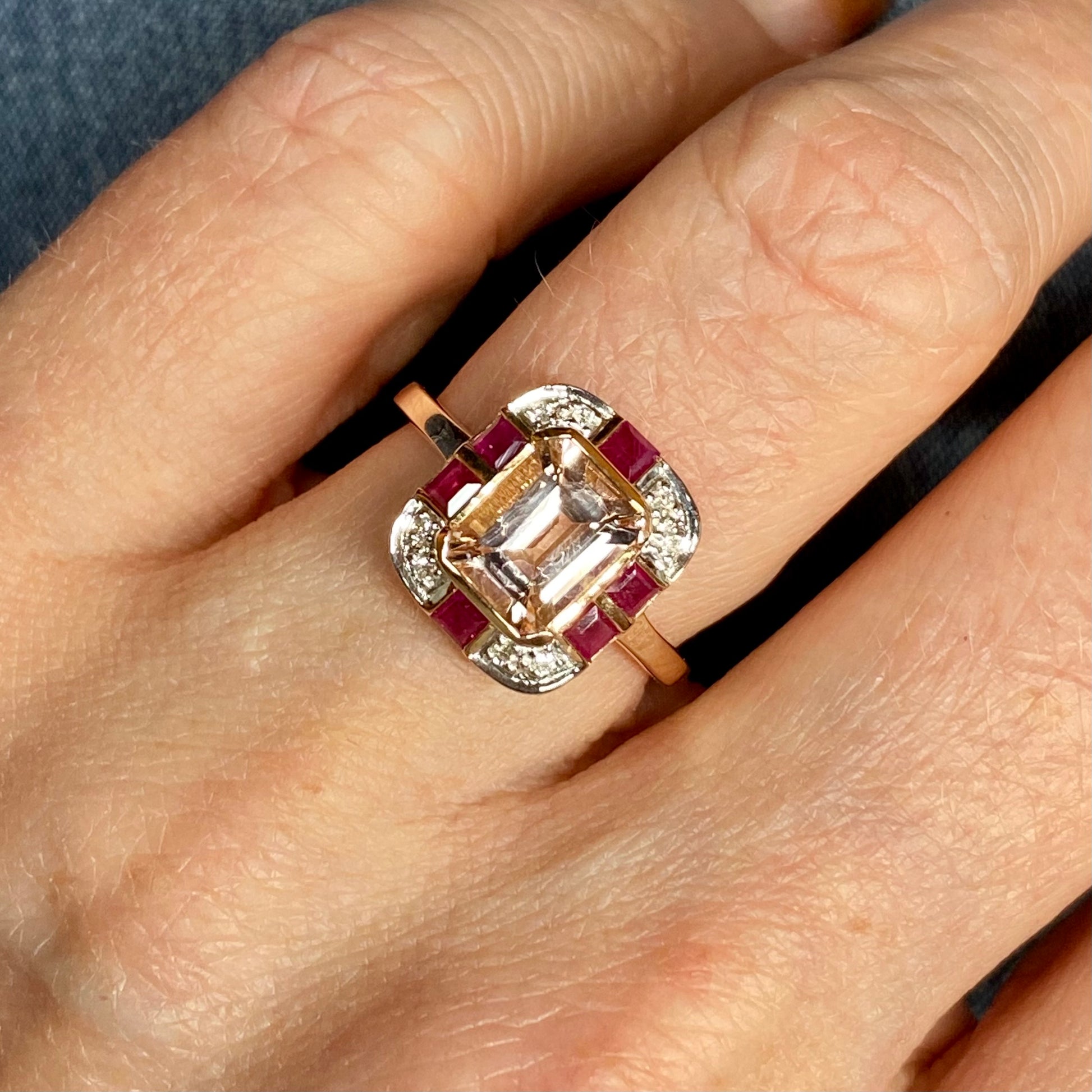 9ct Rose Gold Morganite, Ruby & Diamond Ring - John Ross Jewellers