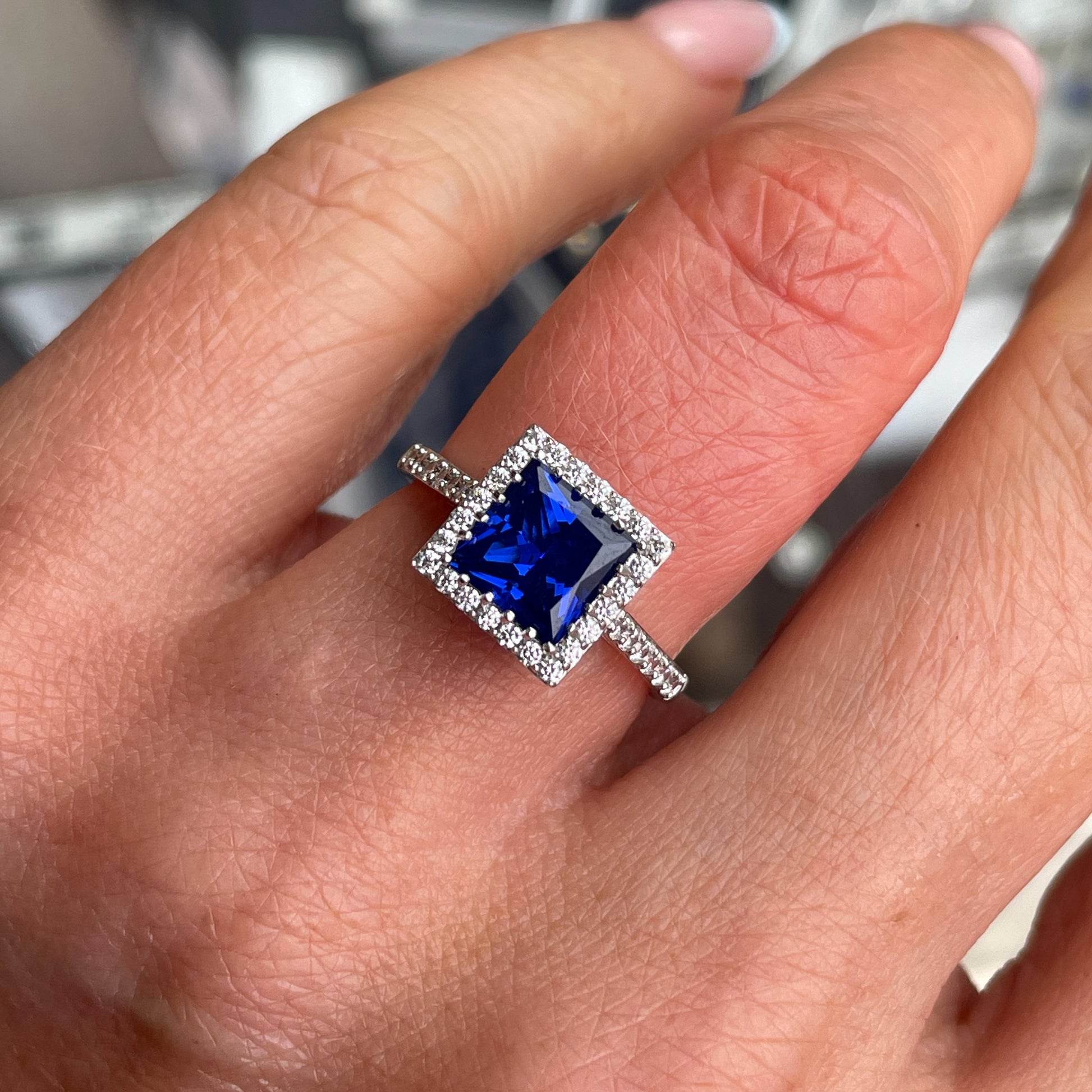 Silver Square Blue CZ Ring With Halo & Shoulders - John Ross Jewellers