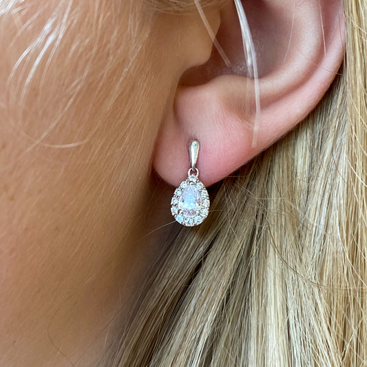 9ct White Gold Pear Halo CZ Drop Earrings - John Ross Jewellers