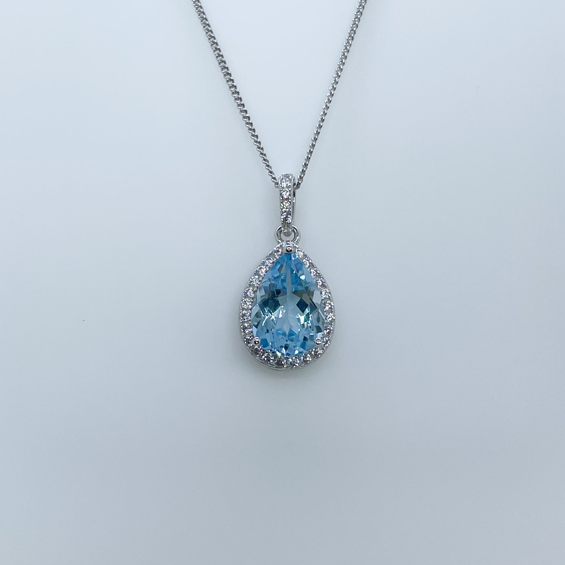 Silver Sky Blue Topaz Pear Halo Necklace - John Ross Jewellers