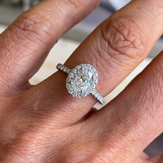 Platinum 1.56ct Oval Diamond Halo Solitaire Ring | Certificated - John Ross Jewellers