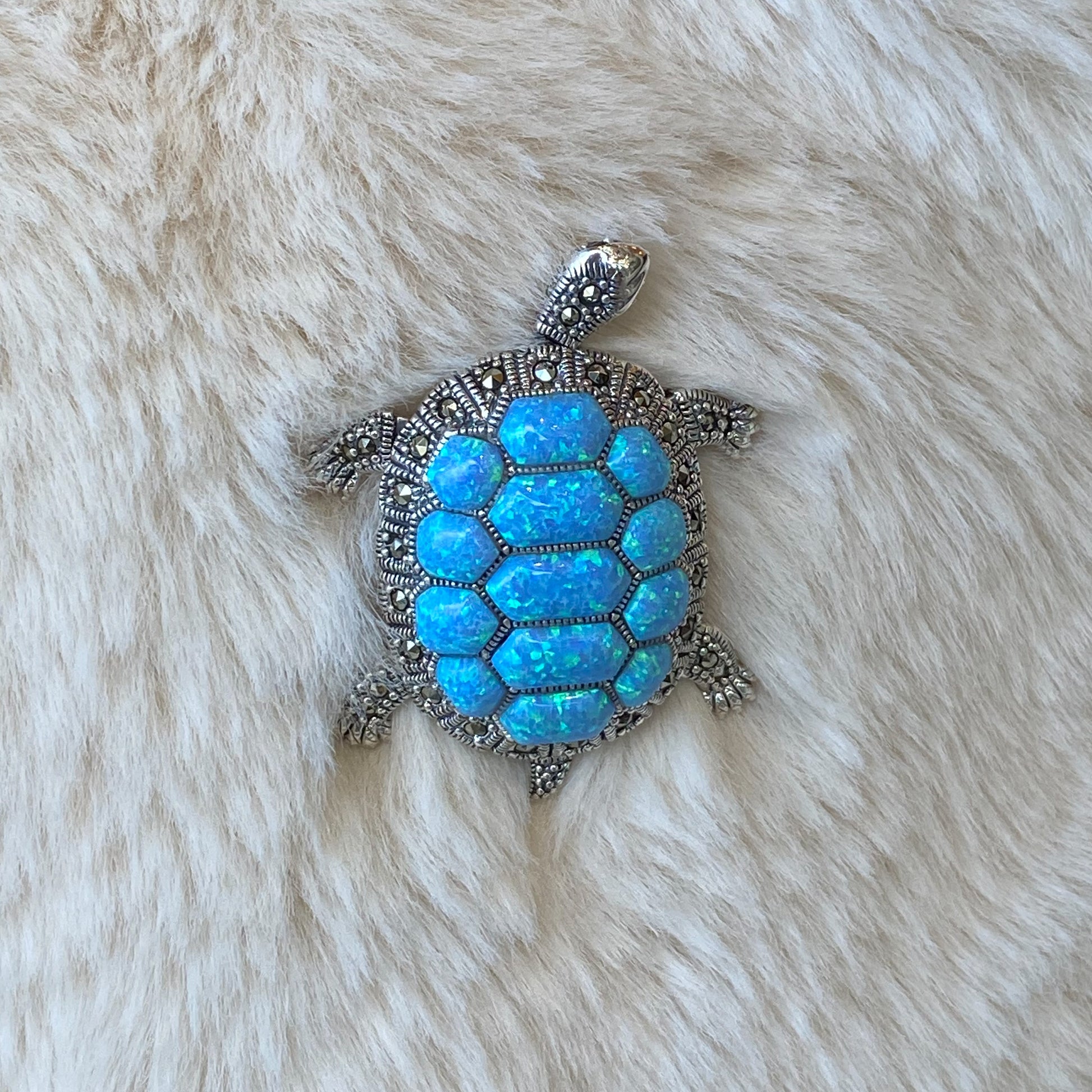 Silver Marcasite & Blue Opalique Tortoise Brooch - John Ross Jewellers
