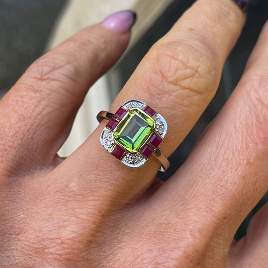 9ct Gold Peridot, Ruby & Diamond Ring - John Ross Jewellers