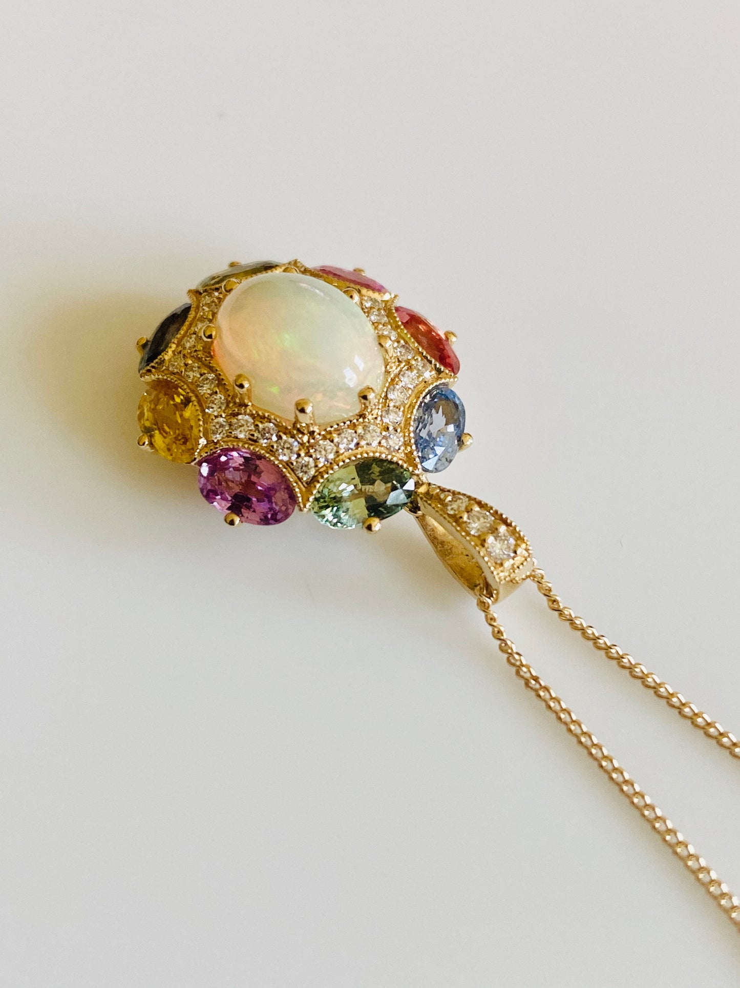 18ct Gold Gem Opal, Diamond & Rainbow Sapphire Pendant - John Ross Jewellers