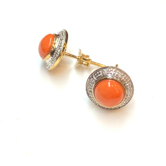 9ct Gold Coral & Diamond Round Stud Earrings - John Ross Jewellers