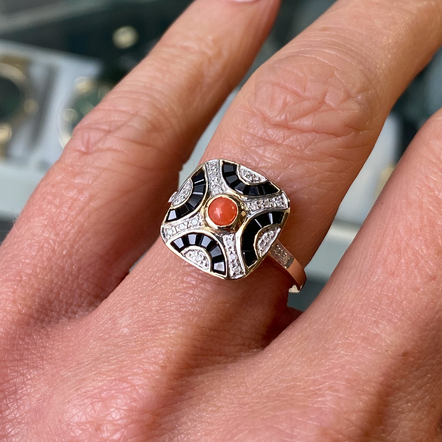 9ct Gold Red Coral, Onyx & Diamond Ring - John Ross Jewellers