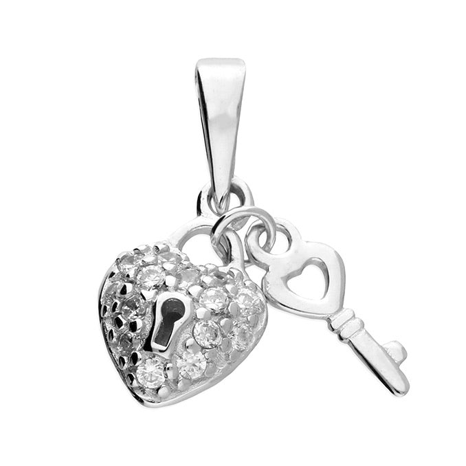 Silver Sparkling Heart Lock & Key Necklace - John Ross Jewellers