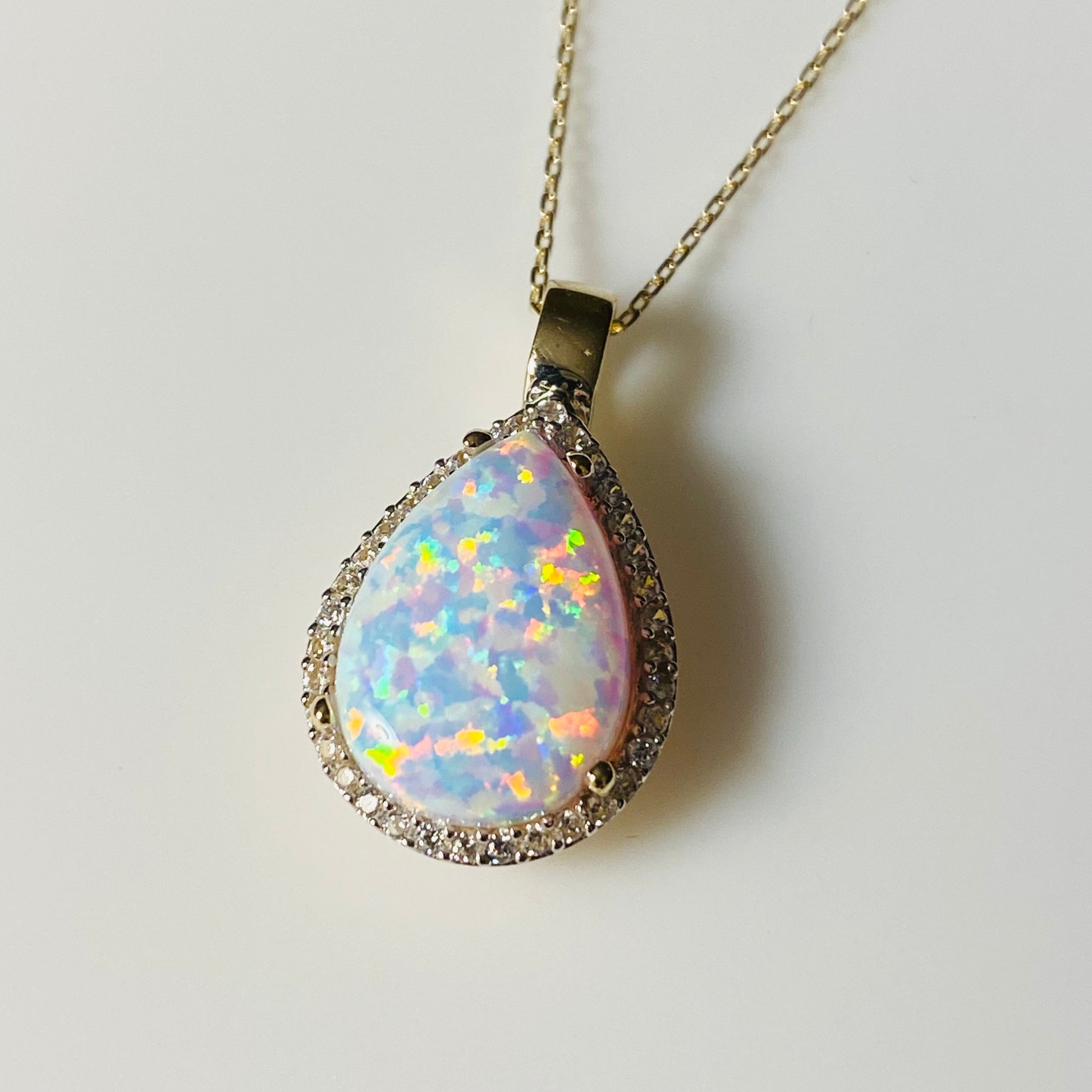 9ct Gold CZ Pear Shaped Opalique Necklace - John Ross Jewellers