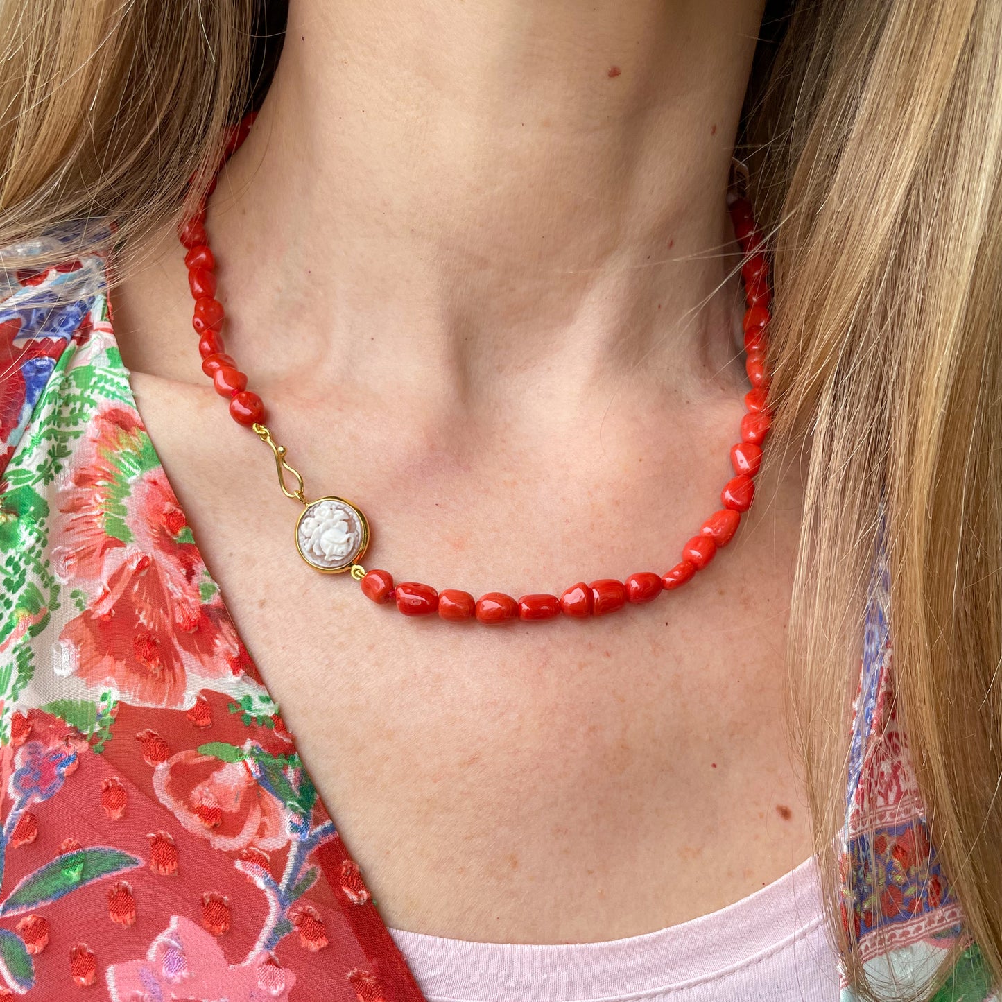 Floral Bouquet & Red Coral Nugget Necklace | 50cm - John Ross Jewellers
