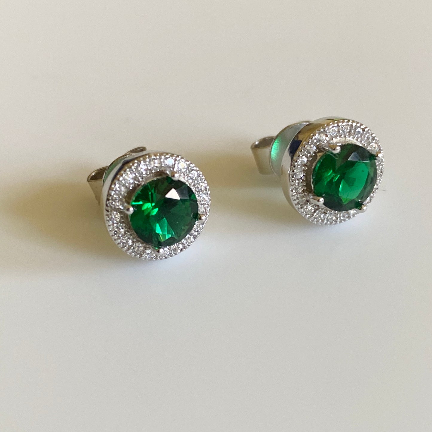 Silver Green & CZ Round Halo Earrings - John Ross Jewellers