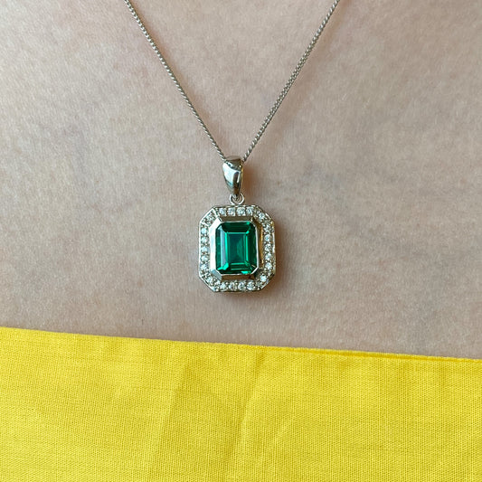 Silver CZ Deco Necklace | Created Emerald - John Ross Jewellers