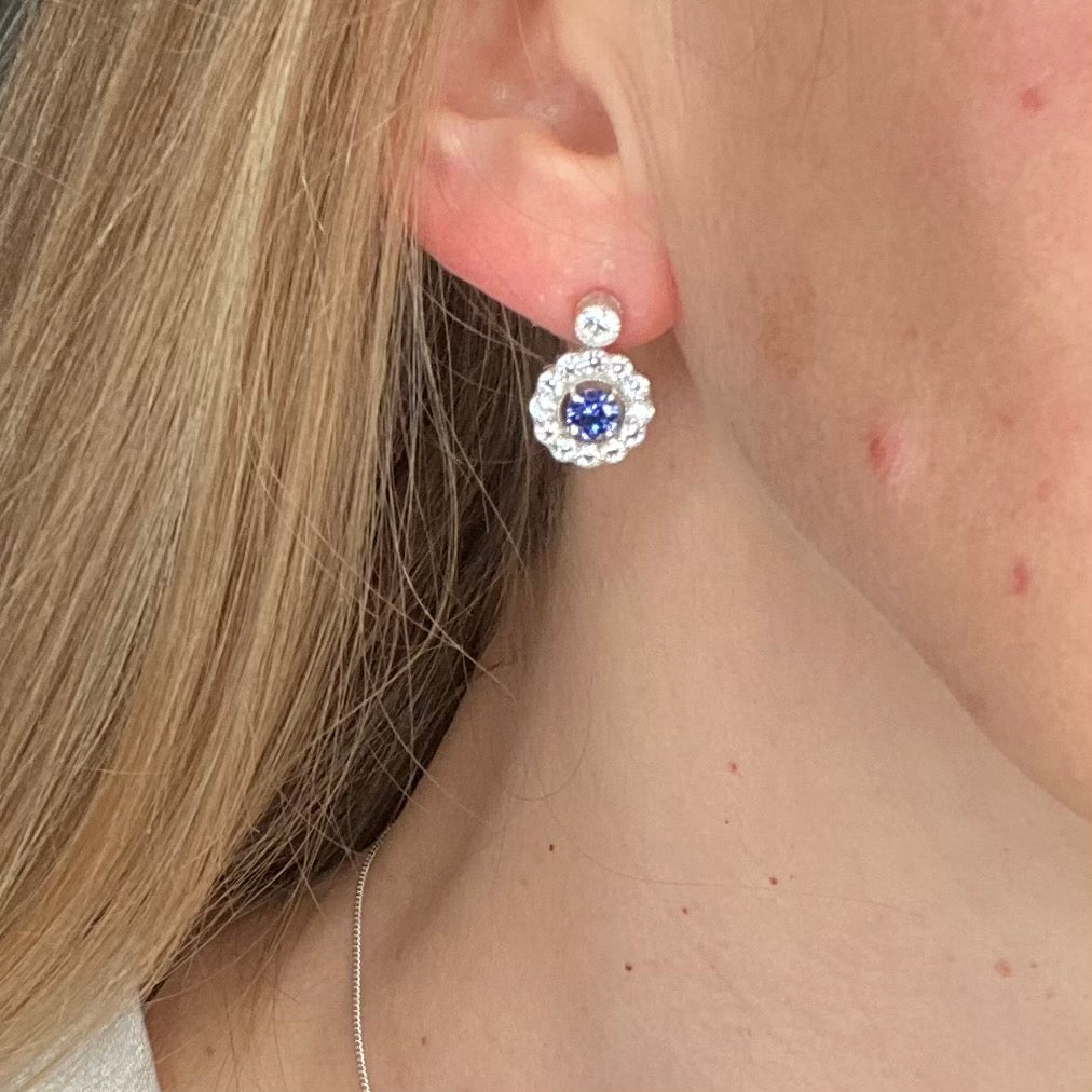 Silver Created Tanzanite CZ Halo Drop Earrings - John Ross Jewellers