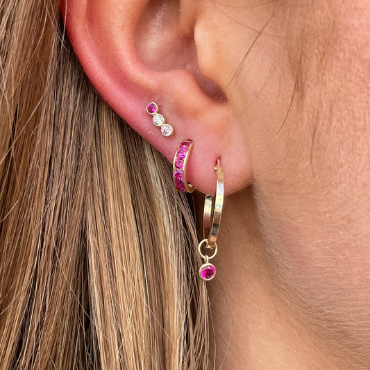 9ct Gold 11mm Huggie Hoop Earrings | Ruby Red CZ - John Ross Jewellers