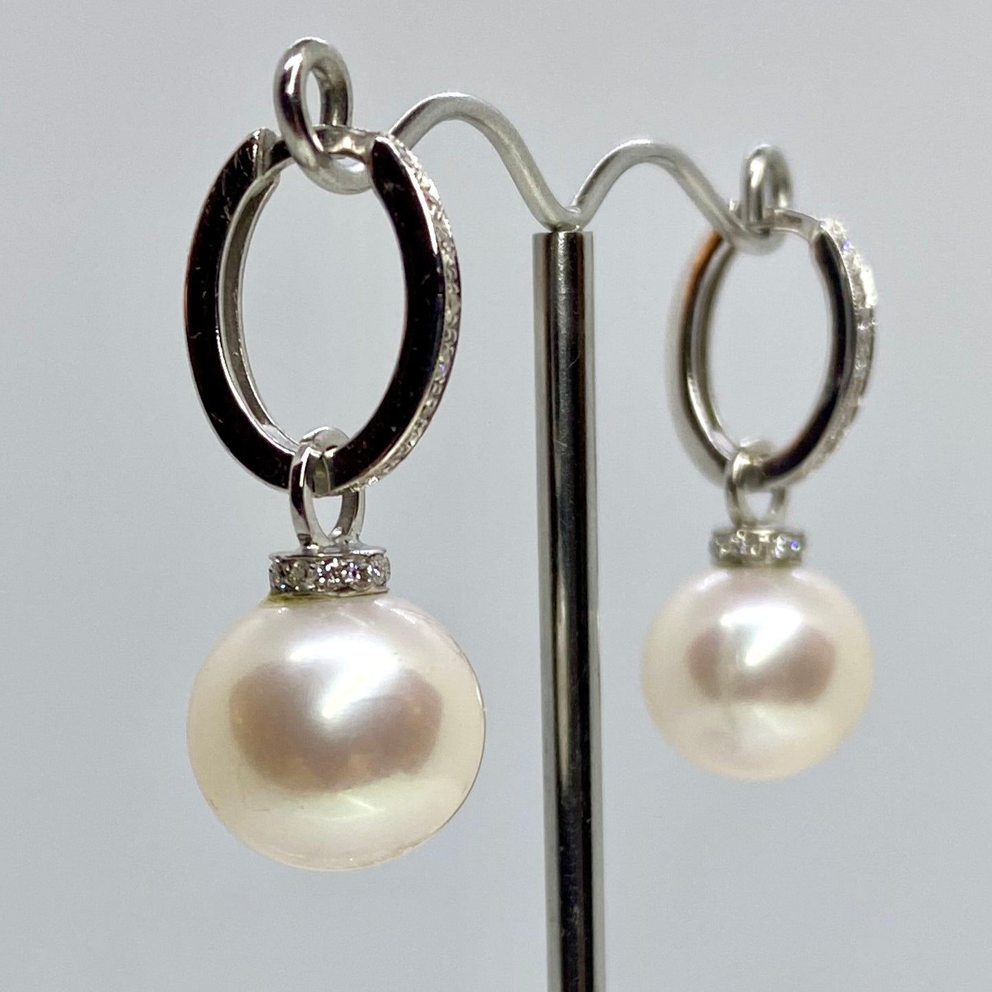 18ct White Gold 13mm Edison Pearl & Diamond Drop Earrings | 0.36ct - John Ross Jewellers