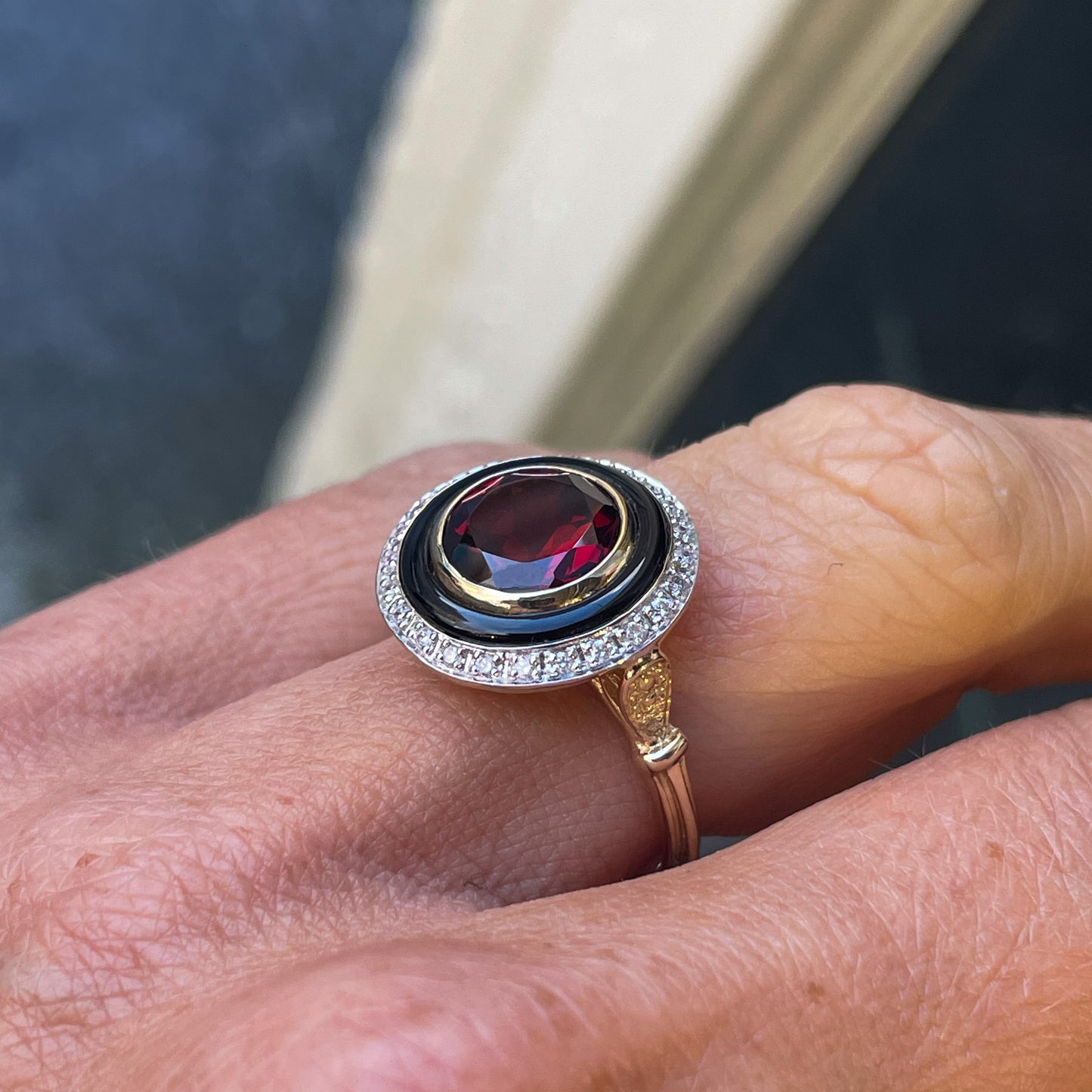 9ct Gold Garnet, Onyx & Diamond Ring - John Ross Jewellers