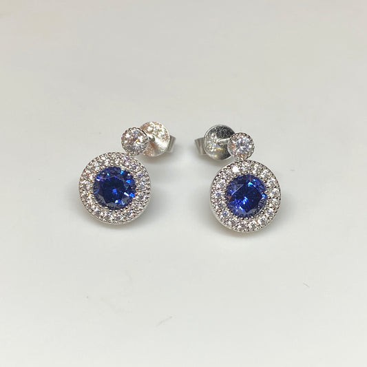Silver Blue & White CZ Halo Earrings - John Ross Jewellers