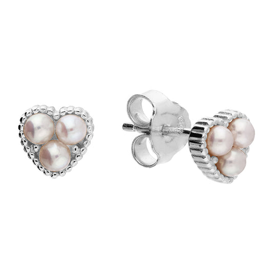 Silver Freshwater Pearl Heart Shaped Trilogy Stud Earrings - John Ross Jewellers